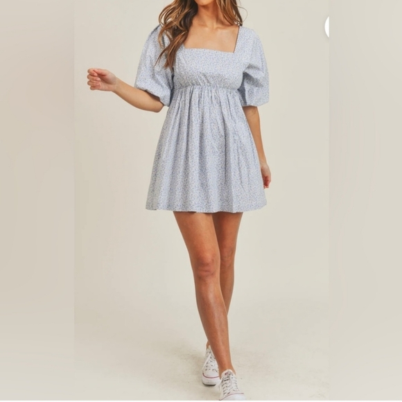 Mable Poplin Puff Sleeves Floral Babydoll Mini Dress Pockets Cottage Boho Small - Picture 1 of 10